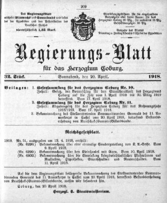 Regierungs-Blatt für das Herzogtum Coburg (Coburger Regierungs-Blatt) Samstag 20. April 1918