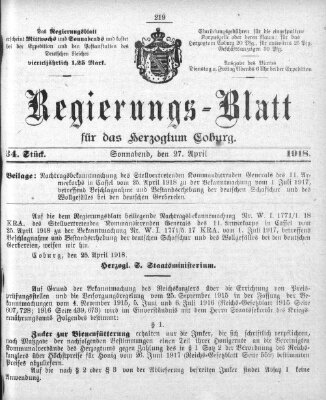 Regierungs-Blatt für das Herzogtum Coburg (Coburger Regierungs-Blatt) Samstag 27. April 1918