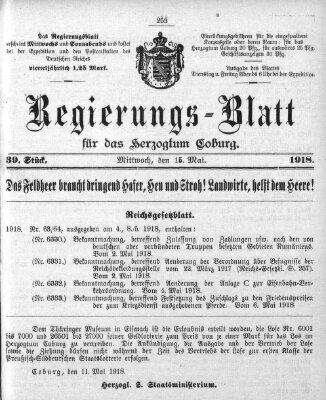 Regierungs-Blatt für das Herzogtum Coburg (Coburger Regierungs-Blatt) Mittwoch 15. Mai 1918