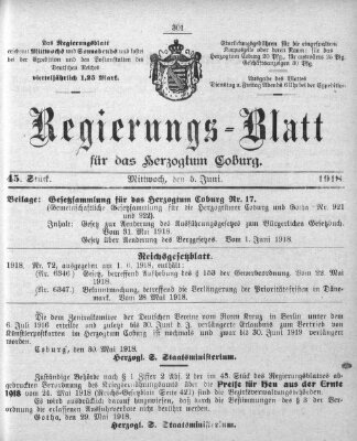 Regierungs-Blatt für das Herzogtum Coburg (Coburger Regierungs-Blatt) Mittwoch 5. Juni 1918