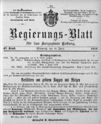 Regierungs-Blatt für das Herzogtum Coburg (Coburger Regierungs-Blatt) Mittwoch 12. Juni 1918