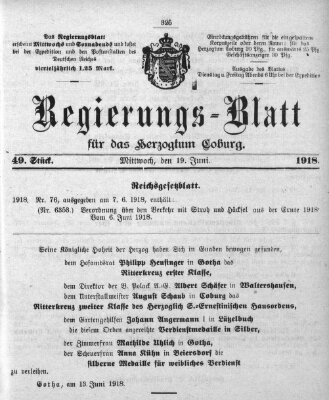 Regierungs-Blatt für das Herzogtum Coburg (Coburger Regierungs-Blatt) Mittwoch 19. Juni 1918