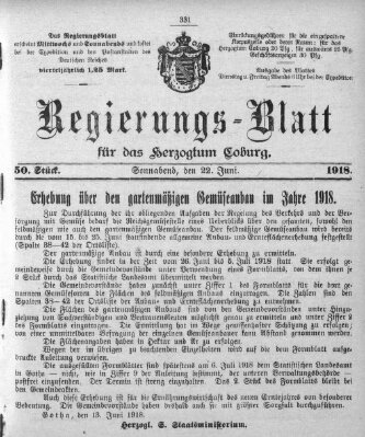 Regierungs-Blatt für das Herzogtum Coburg (Coburger Regierungs-Blatt) Samstag 22. Juni 1918