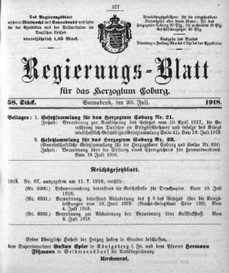 Regierungs-Blatt für das Herzogtum Coburg (Coburger Regierungs-Blatt) Samstag 20. Juli 1918