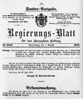 Regierungs-Blatt für das Herzogtum Coburg (Coburger Regierungs-Blatt) Donnerstag 1. August 1918