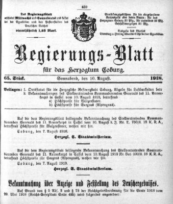 Regierungs-Blatt für das Herzogtum Coburg (Coburger Regierungs-Blatt) Samstag 10. August 1918