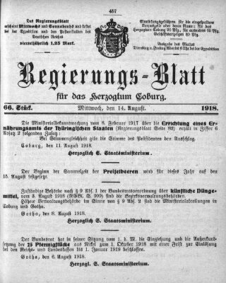 Regierungs-Blatt für das Herzogtum Coburg (Coburger Regierungs-Blatt) Mittwoch 14. August 1918