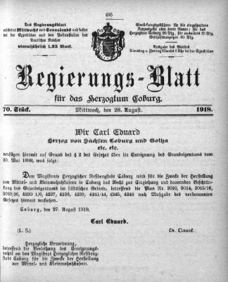 Regierungs-Blatt für das Herzogtum Coburg (Coburger Regierungs-Blatt) Mittwoch 28. August 1918