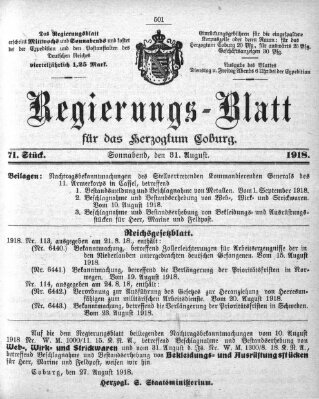 Regierungs-Blatt für das Herzogtum Coburg (Coburger Regierungs-Blatt) Samstag 31. August 1918