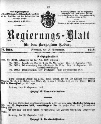 Regierungs-Blatt für das Herzogtum Coburg (Coburger Regierungs-Blatt) Mittwoch 25. September 1918