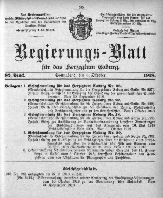 Regierungs-Blatt für das Herzogtum Coburg (Coburger Regierungs-Blatt) Samstag 5. Oktober 1918