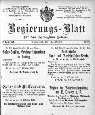 Regierungs-Blatt für das Herzogtum Coburg (Coburger Regierungs-Blatt) Samstag 12. Oktober 1918