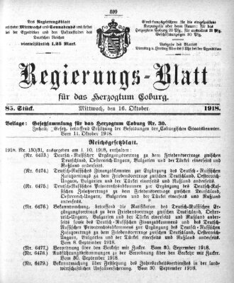 Regierungs-Blatt für das Herzogtum Coburg (Coburger Regierungs-Blatt) Mittwoch 16. Oktober 1918