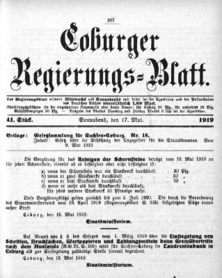 Coburger Regierungs-Blatt Samstag 17. Mai 1919