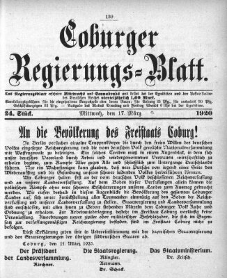 Coburger Regierungs-Blatt Mittwoch 17. März 1920