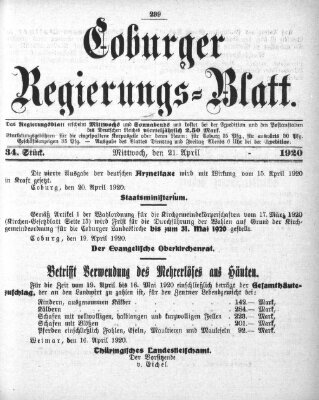 Coburger Regierungs-Blatt Mittwoch 21. April 1920