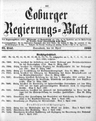 Coburger Regierungs-Blatt Samstag 24. April 1920