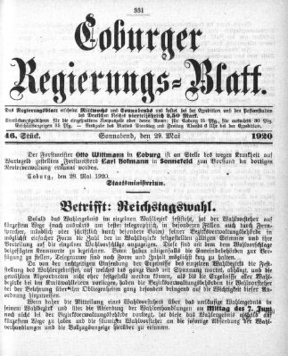 Coburger Regierungs-Blatt Samstag 29. Mai 1920