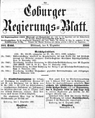 Coburger Regierungs-Blatt Mittwoch 8. Dezember 1920