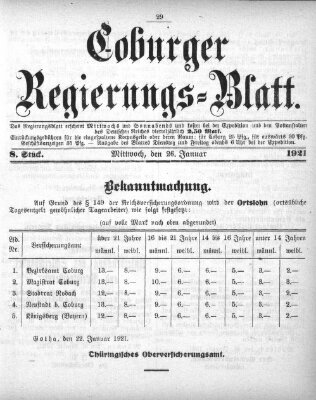 Coburger Regierungsblatt (Coburger Regierungs-Blatt) Mittwoch 26. Januar 1921