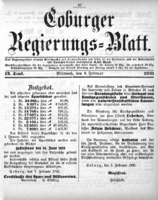 Coburger Regierungsblatt (Coburger Regierungs-Blatt) Mittwoch 9. Februar 1921