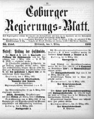 Coburger Regierungsblatt (Coburger Regierungs-Blatt) Mittwoch 9. März 1921