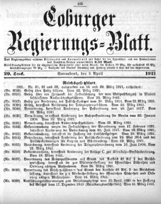 Coburger Regierungsblatt (Coburger Regierungs-Blatt) Samstag 9. April 1921