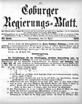 Coburger Regierungsblatt (Coburger Regierungs-Blatt) Samstag 23. April 1921