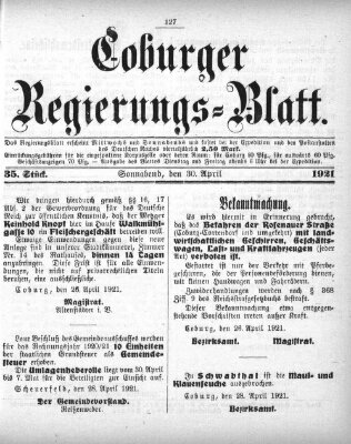 Coburger Regierungsblatt (Coburger Regierungs-Blatt) Samstag 30. April 1921