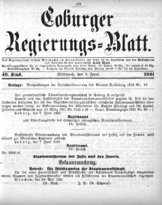 Coburger Regierungsblatt (Coburger Regierungs-Blatt) Mittwoch 8. Juni 1921