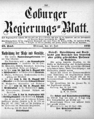 Coburger Regierungsblatt (Coburger Regierungs-Blatt) Mittwoch 20. Juli 1921