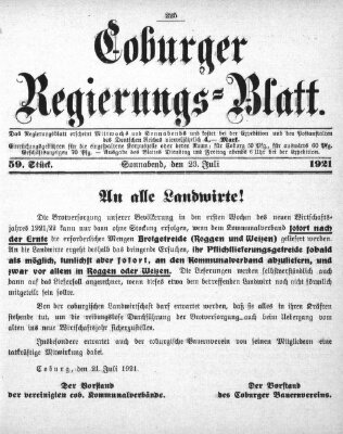 Coburger Regierungsblatt (Coburger Regierungs-Blatt) Samstag 23. Juli 1921