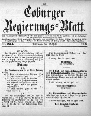 Coburger Regierungsblatt (Coburger Regierungs-Blatt) Mittwoch 27. Juli 1921