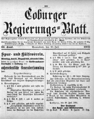 Coburger Regierungsblatt (Coburger Regierungs-Blatt) Samstag 30. Juli 1921