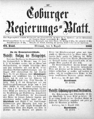 Coburger Regierungsblatt (Coburger Regierungs-Blatt) Mittwoch 3. August 1921