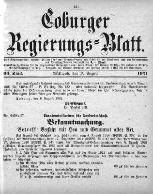 Coburger Regierungsblatt (Coburger Regierungs-Blatt) Mittwoch 10. August 1921