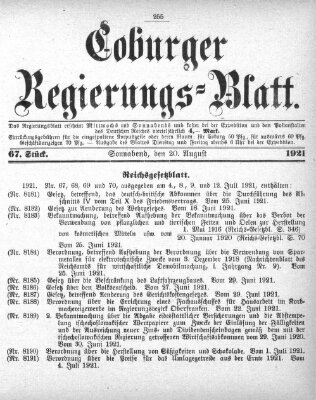 Coburger Regierungsblatt (Coburger Regierungs-Blatt) Samstag 20. August 1921