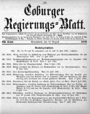 Coburger Regierungsblatt (Coburger Regierungs-Blatt) Samstag 27. August 1921