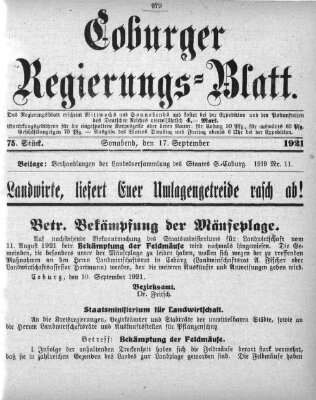 Coburger Regierungsblatt (Coburger Regierungs-Blatt) Samstag 17. September 1921