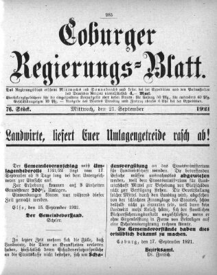 Coburger Regierungsblatt (Coburger Regierungs-Blatt) Mittwoch 21. September 1921