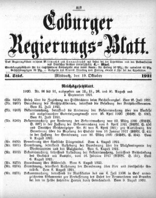 Coburger Regierungsblatt (Coburger Regierungs-Blatt) Mittwoch 19. Oktober 1921