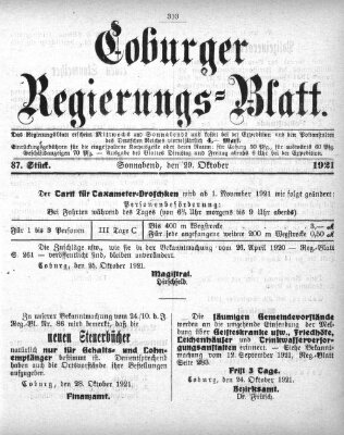 Coburger Regierungsblatt (Coburger Regierungs-Blatt) Samstag 29. Oktober 1921