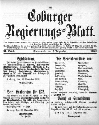 Coburger Regierungsblatt (Coburger Regierungs-Blatt) Samstag 3. Dezember 1921