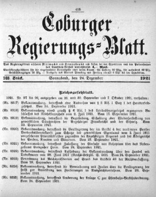 Coburger Regierungsblatt (Coburger Regierungs-Blatt) Samstag 24. Dezember 1921