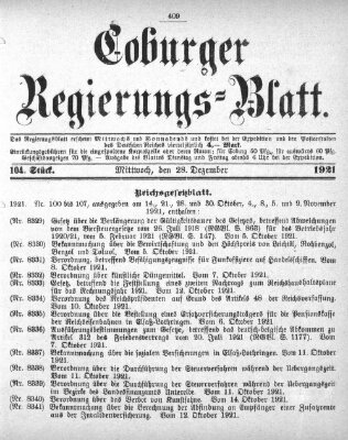 Coburger Regierungsblatt (Coburger Regierungs-Blatt) Mittwoch 28. Dezember 1921