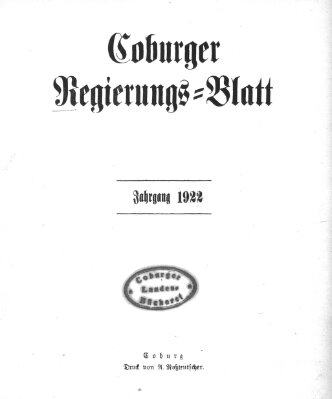 Coburger Regierungsblatt (Coburger Regierungs-Blatt) Mittwoch 4. Januar 1922