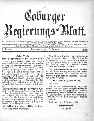 Coburger Regierungsblatt (Coburger Regierungs-Blatt) Samstag 7. Januar 1922