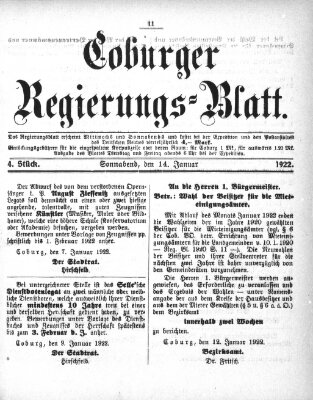 Coburger Regierungsblatt (Coburger Regierungs-Blatt) Samstag 14. Januar 1922