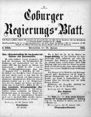 Coburger Regierungsblatt (Coburger Regierungs-Blatt) Samstag 28. Januar 1922