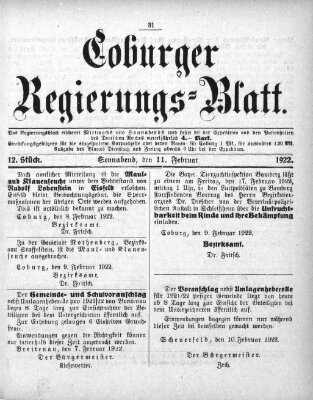 Coburger Regierungsblatt (Coburger Regierungs-Blatt) Samstag 11. Februar 1922